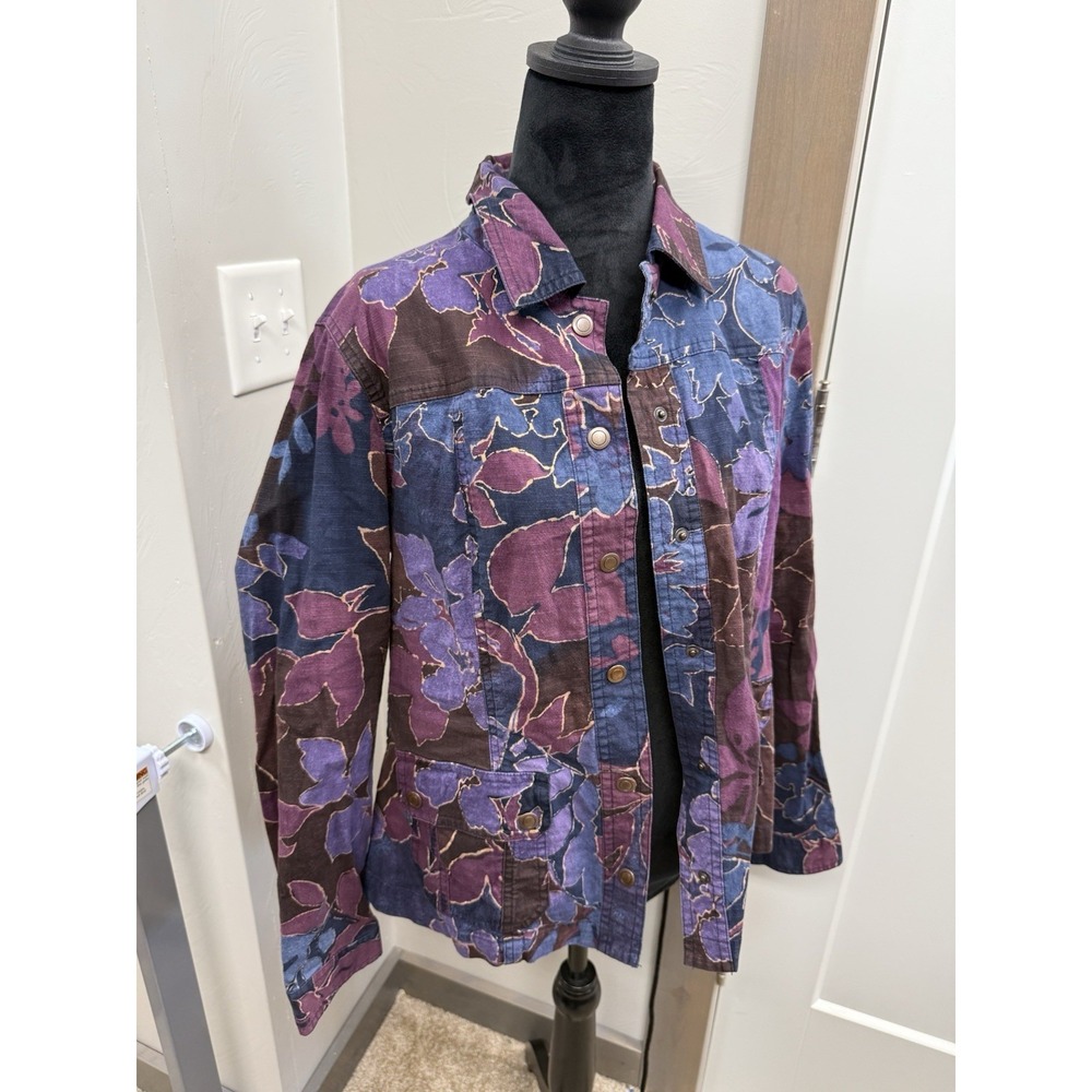 Coldwater Creek Floral Cotton Shacket Purple Blue Boho Button Front Spring 12